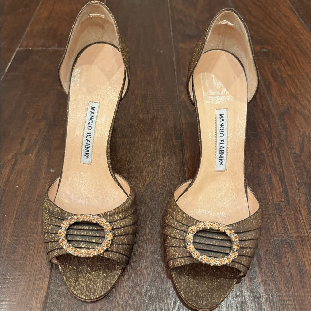 Manolo Blahnik Brown Snakeskin Heels with Decorative Buckle